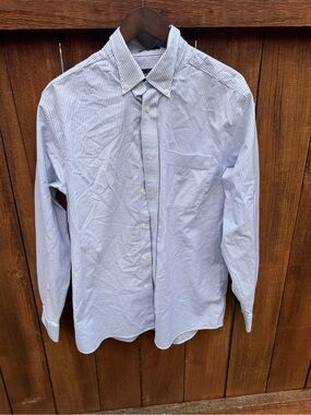 Cotton Eddie Bauer Blue and White Pinstripe Button-Down Dress Shirt